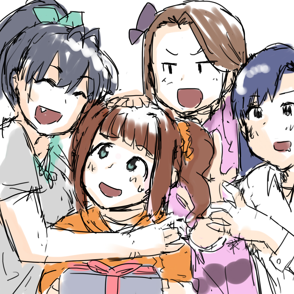 annko annoyed black_hair blue_eyes blue_hair blue_ribbon brown_hair closed_eyes collared_shirt dress fang ganaha_hibiki hair_ornament hair_ribbon hair_scrunchie idolmaster idolmaster_(classic) jacket kisaragi_chihaya looking_at_another minase_iori open_mouth petting pink_dress reaching reaching_towards_another ribbon scrunchie shirt simple_background takatsuki_yayoi white_shirt