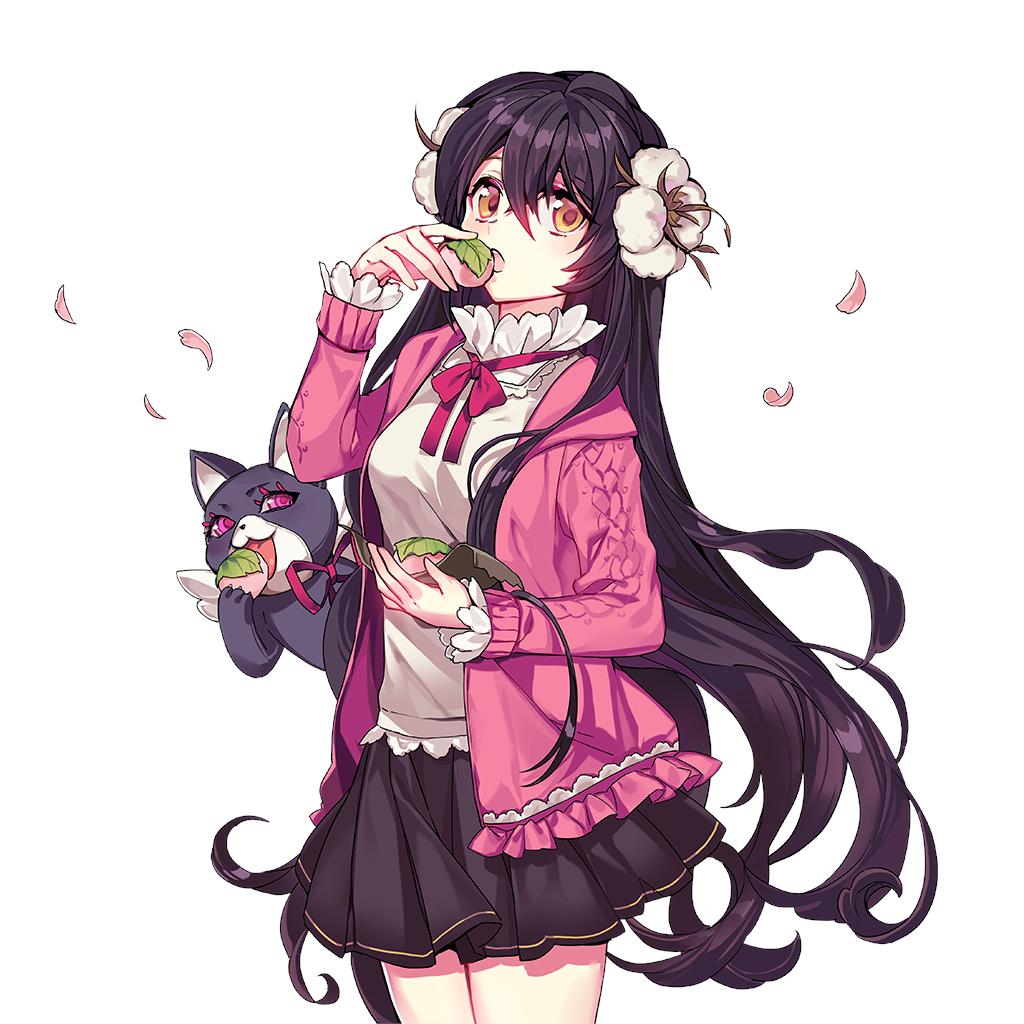 1girl black_hair black_skirt bow bowtie cat commentary_request flower flower_ornament food hair_flower hair_ornament kashiwa_mochi_(food) long_hair mochi pika_(kai9464) pink_bow pink_bowtie skirt uchi_no_hime-sama_ga_ichiban_kawaii very_long_hair yellow_eyes yumemi_(uchi_no_hime-sama)