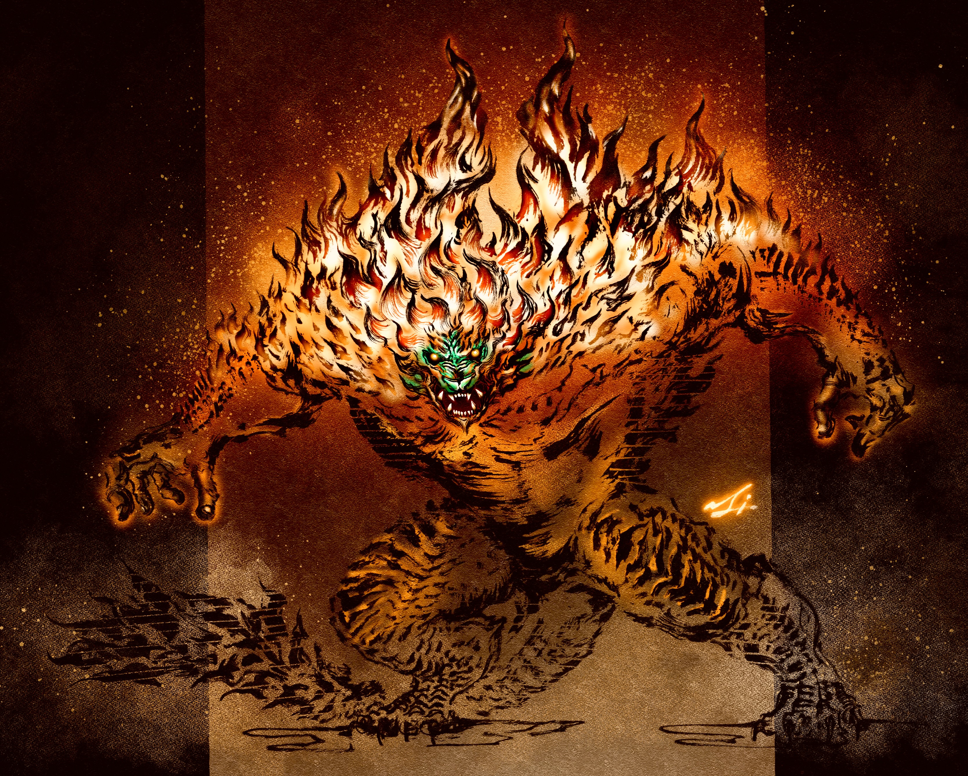 absurdres ajarakan calligraphy_brush_(medium) deadpool_yuchan digitigrade embers fangs full_body highres looking_at_viewer monkey monster monster_focus monster_hunter_(series) monster_hunter_wilds no_humans open_mouth orange_eyes pillarboxed scales sharp_teeth signature spikes sumi-e tail teeth