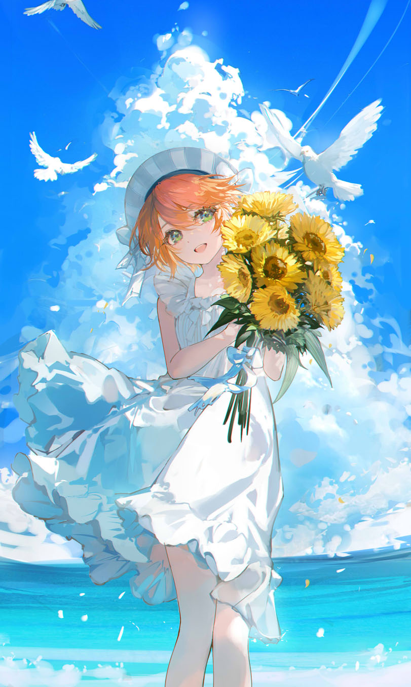 1girl bird blue_ribbon bouquet cloud commentary commentary_request double-parted_bangs dress emma_(yakusoku_no_neverland) english_commentary flower frilled_dress frills full_body green_eyes hair_between_eyes hat highres holding holding_bouquet kinokohime mixed-language_commentary open_mouth orange_hair ribbon short_hair sky teeth upper_teeth_only water white_bird white_dress white_hat white_ribbon yakusoku_no_neverland