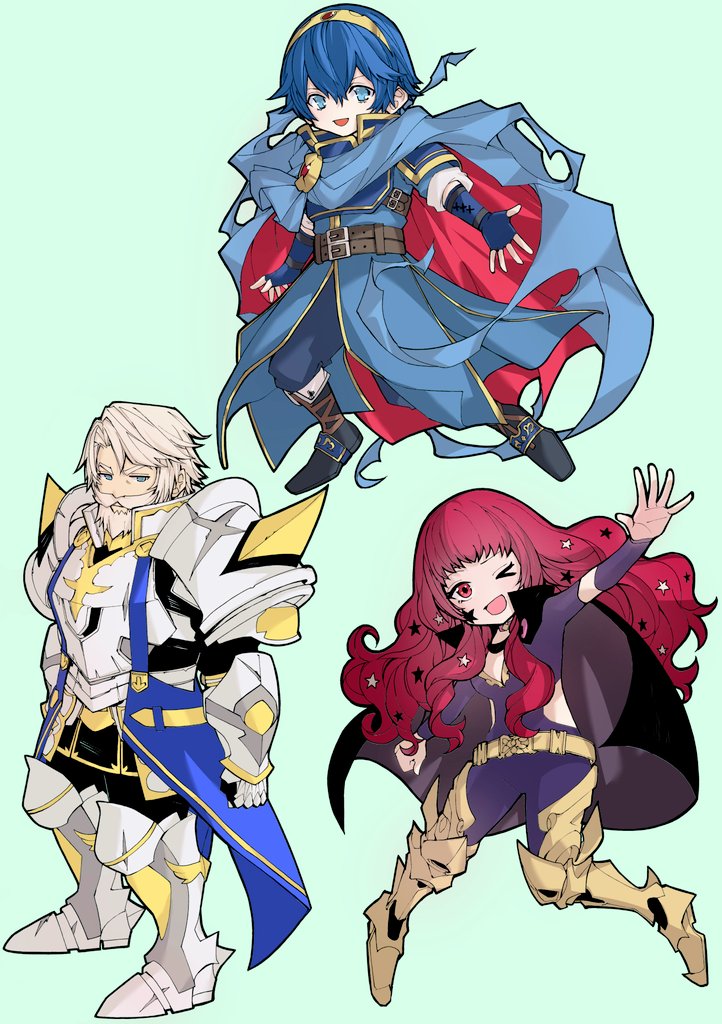 1girl 2boys beard blue_eyes facial_hair fire_emblem fire_emblem_engage gold_belt grey_armor konnichi_warou multiple_boys mustache nintendo old old_man red_eyes red_hair vander_(fire_emblem) yunaka_(fire_emblem)