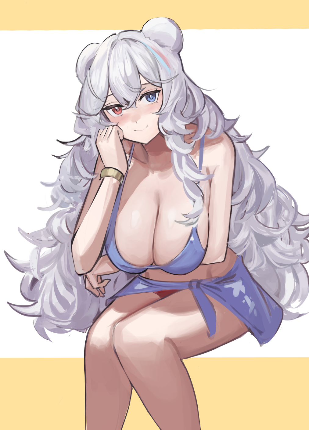 1girl arknights bikini blue_bikini blue_eyes bracelet breasts closed_mouth commentary_request heterochromia highres jewelry large_breasts long_hair looking_at_viewer red_eyes rosa_(arknights) smile solo solokitsune swimsuit two-tone_background white_background white_hair yellow_background
