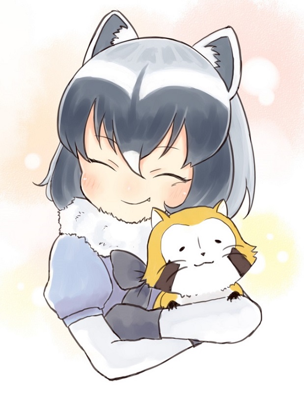 10s 1girl :3 animal animal_ears araiguma_rascal black_hair blush closed_mouth common_raccoon_(kemono_friends) crossover closed_eyes fang fang_out fennec_fox hug hug_from_behind kemono_friends multicolored_hair puffy_short_sleeves puffy_sleeves raccoon raccoon_ears rascal_(araiguma_rascal) sarada_doraivu short_sleeves smile trait_connection upper_body white_hair