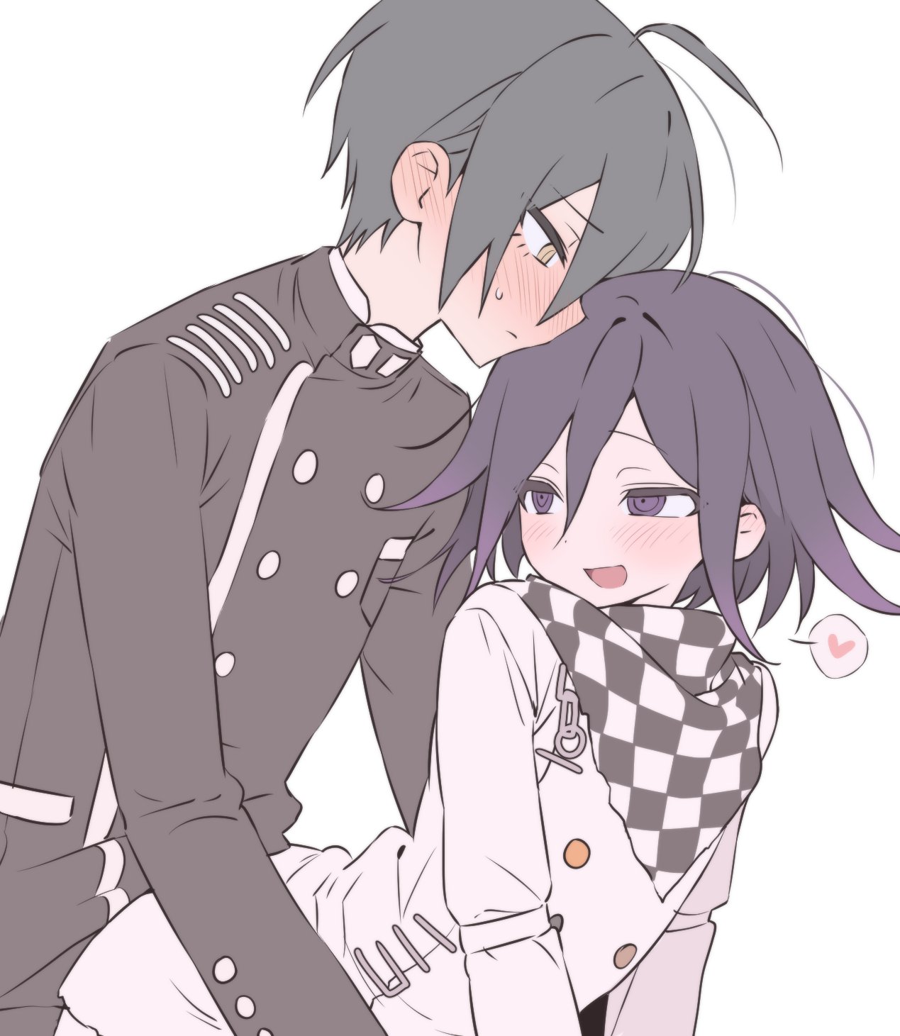 2boys :d ahoge black_jacket blush brown_eyes buttons checkered_neckerchief danganronpa_(series) danganronpa_v3:_killing_harmony double-breasted dry_humping heart highres humping jacket kishu11037 long_sleeves male_focus multiple_boys neckerchief oma_kokichi open_mouth profile purple_eyes saihara_shuichi short_hair simple_background smile spoken_heart white_background white_jacket yaoi