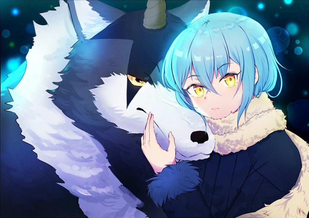 blue_hair hand_up hug looking_at_viewer ranga_(tensura) rimuru_tempest tensei_shitara_slime_datta_ken wolf yellow_eyes