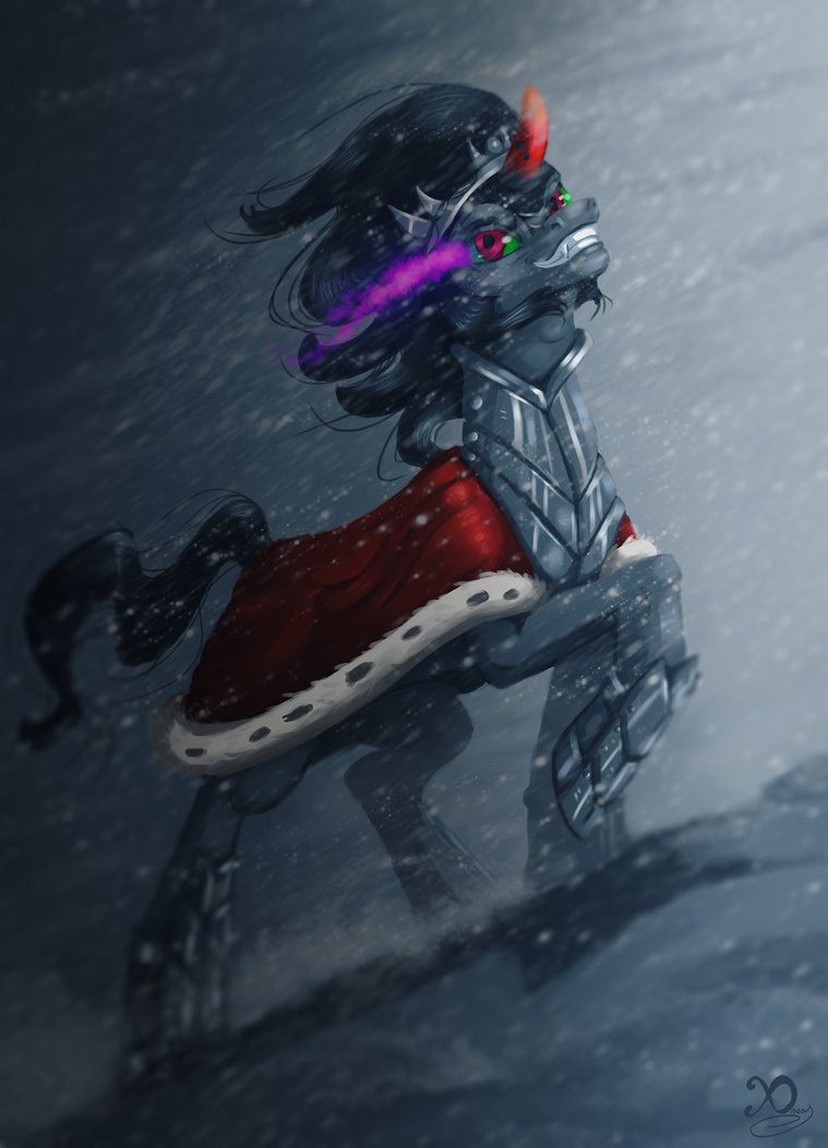 1boy armor black_hair crown darkness evil_smile facial_hair flaming_eye floating_hair goatee horns king_sombra my_little_pony my_little_pony:_friendship_is_magic off-topic red_eyes royal_robe single_horn smile snow tarot the_emperor_(tarot) unicorn xaneas