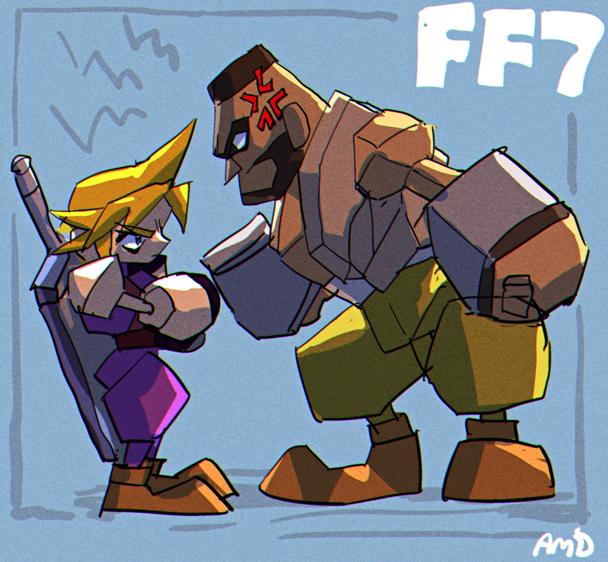 2boys amu_(omoro3bot) anger_vein barret_wallace beard belt black_hair blonde_hair blue_background boots brown_belt brown_footwear brown_vest buster_sword cloud_strife crossed_arms dark-skinned_male dark_skin facial_hair final_fantasy final_fantasy_vii full_body furrowed_brow green_pants highres low_poly male_focus multiple_boys pants prosthetic_weapon purple_pants purple_shirt shirt short_hair spiked_hair suspenders very_short_hair vest weapon weapon_on_back