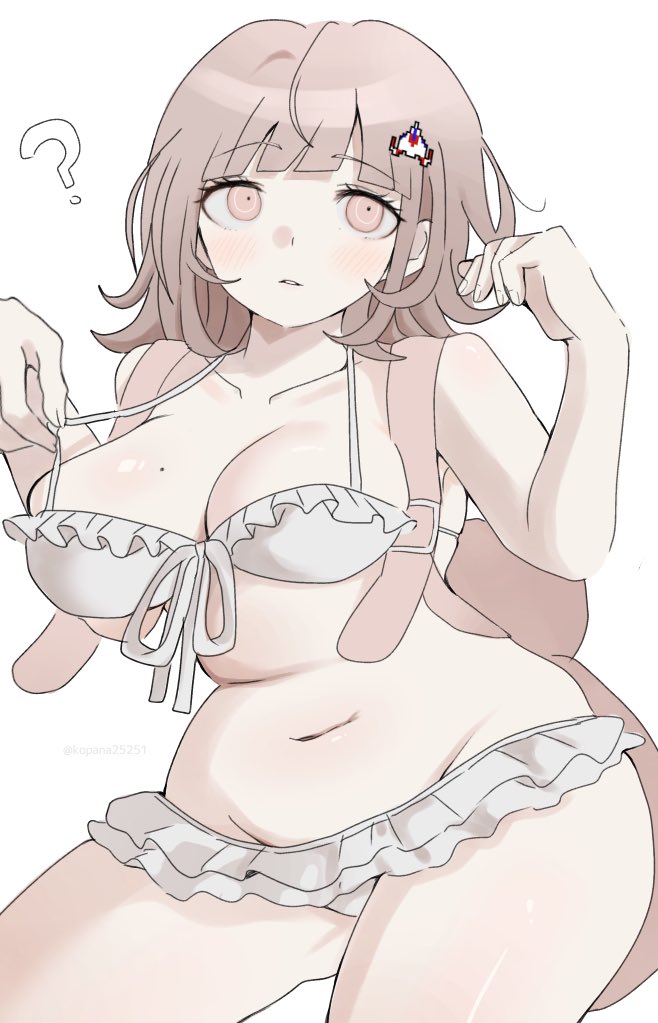 1girl ? animal_bag blunt_bangs breasts cat_bag collarbone cowboy_shot danganronpa_(series) danganronpa_2:_goodbye_despair galaga hands_up ikemen&#039;na_ore-shi large_breasts looking_at_viewer medium_hair mole mole_on_breast nanami_chiaki navel pink_bag pink_eyes shiny_skin simple_background solo stomach white_background