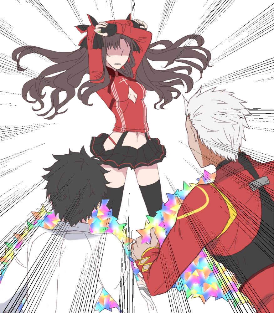 10s 1girl 2boys akira_(ubw) archer_(fate) archer_(third_ascension)_(fate) black_hair cleavage_cutout clothing_cutout dark-skinned_male dark_skin emphasis_lines fate/extra fate/grand_order fate/stay_night fate_(series) fujimaru_ritsuka_(male) long_hair miniskirt multiple_boys navel quartz saint_quartz_(fate) short_hair skirt thighhighs thong tohsaka_rin tohsaka_rin_(code_cast) tohsaka_rin_(fate/extra) white_hair zettai_ryouiki