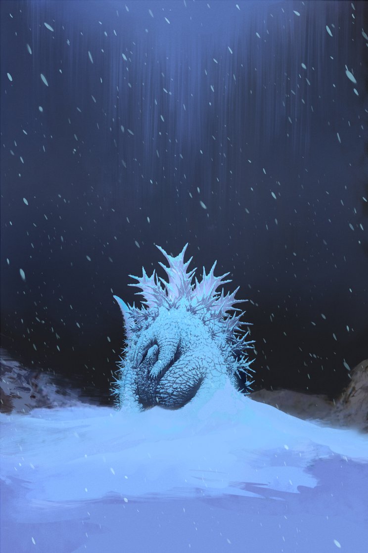 giant giant_monster godzilla godzilla_(series) haraya_manawari kaiju monster monster_focus night no_humans sleeping snow snowing spines toho
