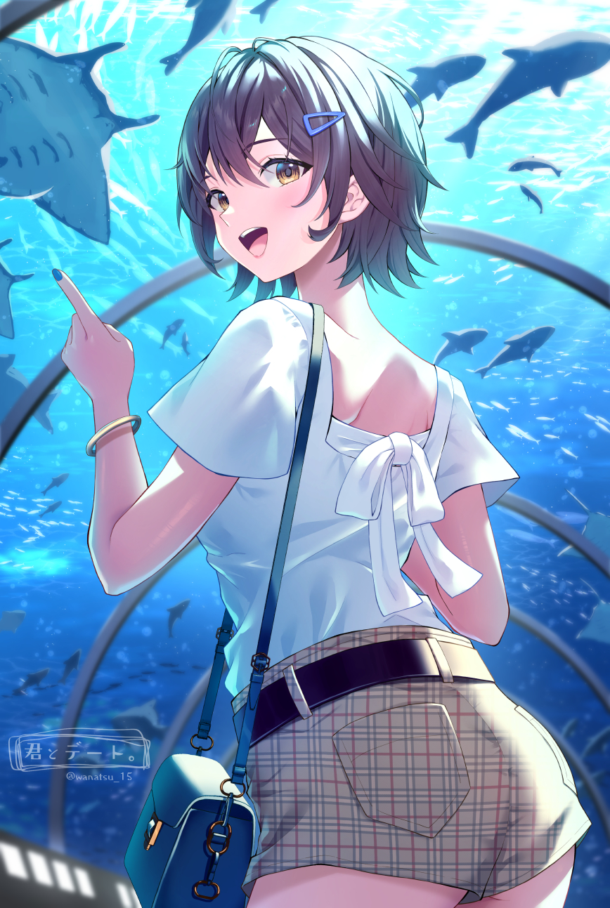 1girl aquarium aquarium_tunnel ass belt black_belt blush bracelet brown_hair fish fish_tank hair_ornament hairclip highres jewelry looking_at_viewer looking_back manta_ray open_mouth original plaid_clothes plaid_shorts school_of_fish shark shirt short_hair short_shorts shorts smile solo wanatsu_15 white_shirt yellow_eyes