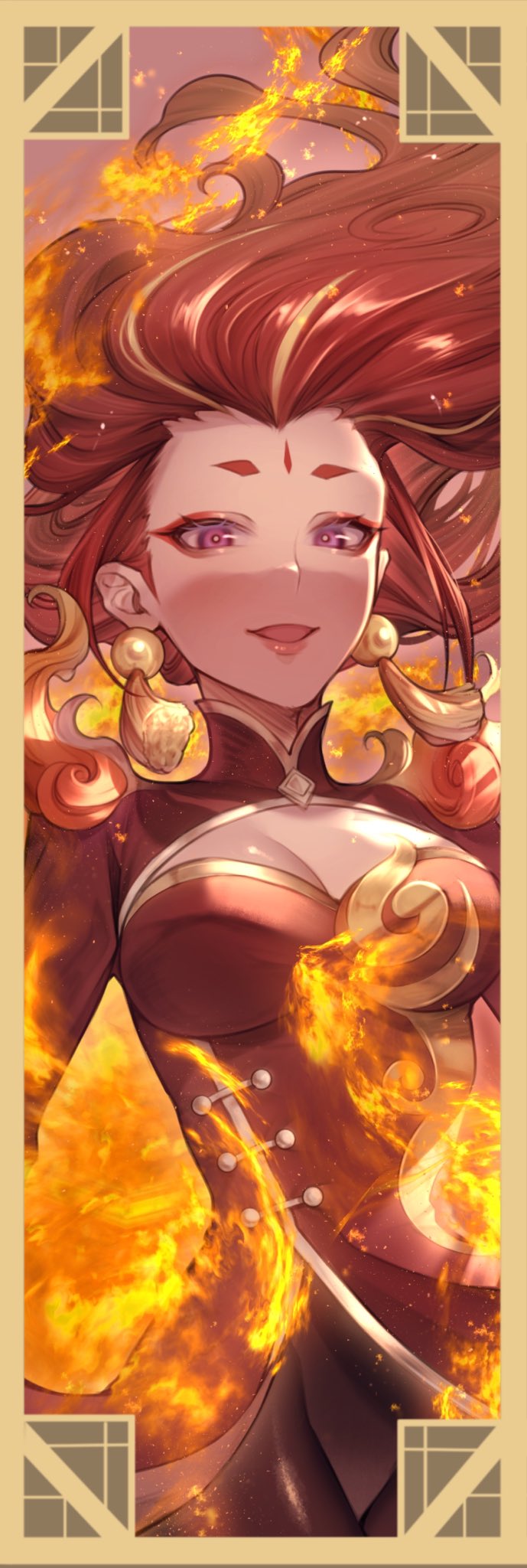 1girl breasts chinese_clothes cleavage earrings eyeliner facial_mark fiery_hair forehead_mark genshin_impact highres hikimayu indarias_(genshin_impact) jewelry kokollet long_hair long_sleeves looking_at_viewer medium_breasts pink_eyes red_eyeliner red_hair tassel tassel_earrings