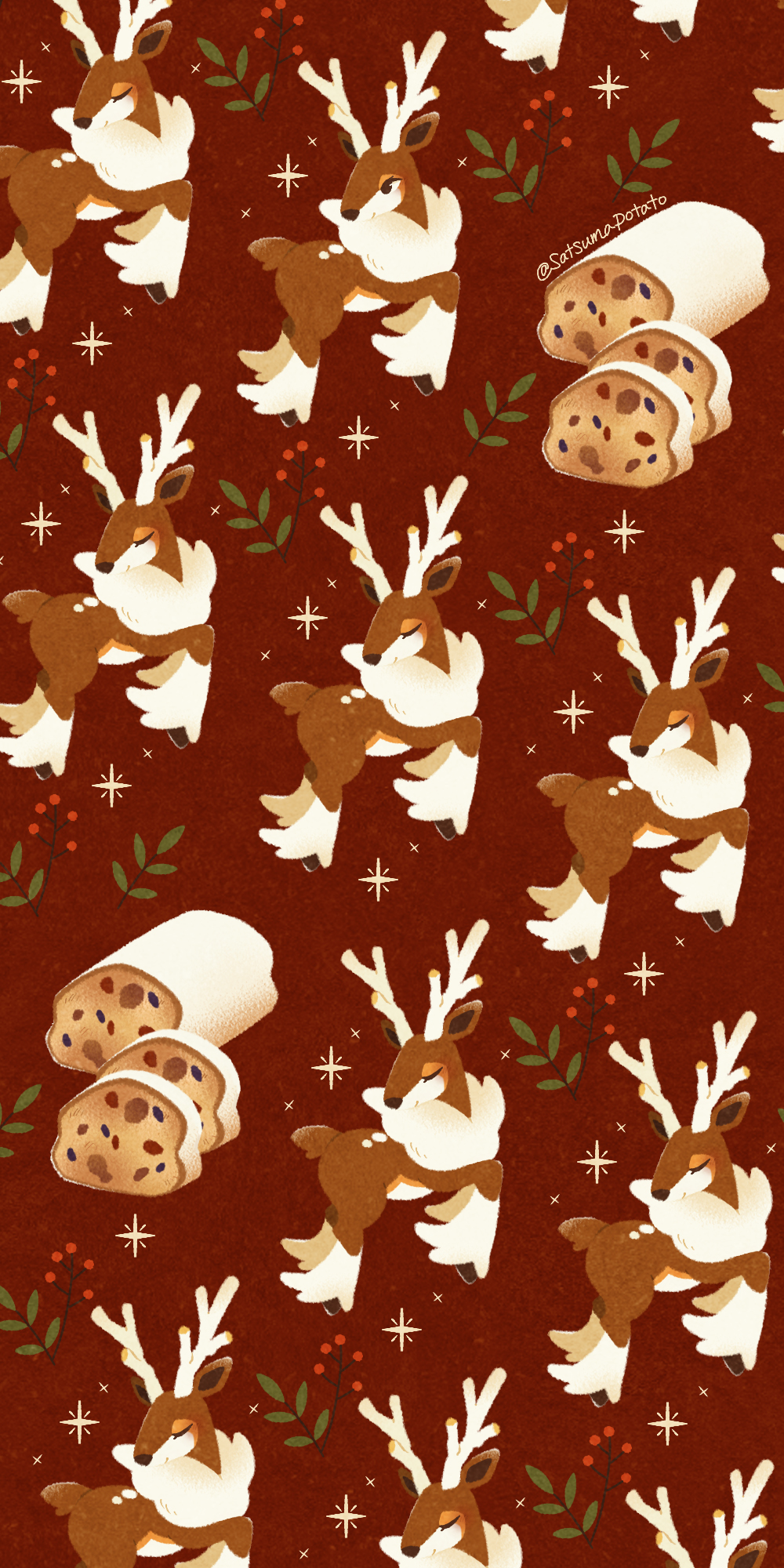 animal_focus berry black_eyes brown_background closed_eyes closed_mouth deer fruitcake gen_5_pokemon highres holly nintendo no_humans pokemon satsumapotato sawsbuck sawsbuck_(winter) simple_background smile sparkle twitter_username