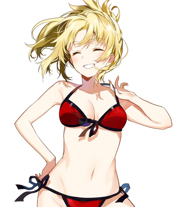 1girl bare_arms bikini blonde_hair breasts cleavage cowboy_shot fate/apocrypha fate_(series) female_focus front-tie_bikini_top front-tie_top halterneck hand_on_own_hip medium_breasts mordred_(fate) mordred_(fate/apocrypha) mordred_(swimsuit_rider)_(fate) mordred_(swimsuit_rider)_(first_ascension)_(fate) ponytail red_bikini short_ponytail side-tie_bikini_bottom simple_background smile solo swimsuit white_background yuzuki_kihiro