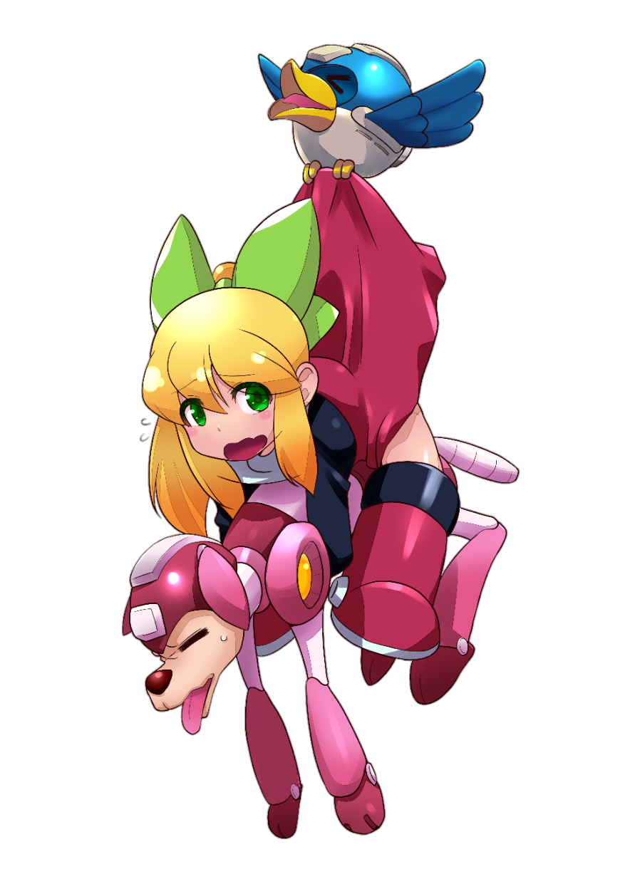 &gt;_&lt; beat_(mega_man) blonde_hair boots capcom dog green_eyes highres holding mega_man_(classic) mega_man_(series) ribbon roll_(mega_man) rush_(mega_man) transparent_background