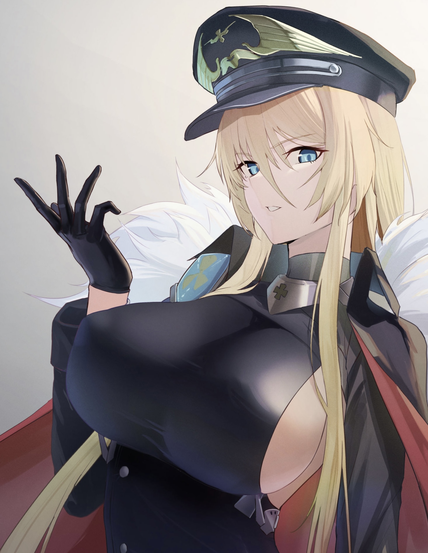 1girl azur_lane bismarck_(azur_lane) bismarck_(coat_of_arms) bismarck_zwei_(azur_lane) black_gloves blonde_hair blue_eyes breasts cape coat_of_arms commentary_request cross fur-trimmed_cape fur_trim gloves hair_between_eyes hand_up hat highres iron_cross large_breasts lom_(lom_lom_8) long_hair looking_at_viewer military_hat official_alternate_costume peaked_cap sideboob simple_background solo upper_body