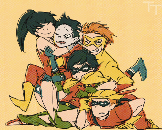 1girl 4boys aged_down ankle_lace-up aqua_lad aquaman_(series) arrow_(projectile) batman_(series) black_hair blue_footwear boots cape colored_skin dc_comics dick_grayson domino_mask donna_troy flash_(series) flats garth gloves green_arrow_(series) green_footwear grey_skin hat kid_flash kyuura-jii mask multiple_boys orange_hair pixie_boots quiver red_footwear robin_(dc) roy_harper shoes smile speedy superhero_costume teen_titans wally_west wonder_girl wonder_girl_(dc) wonder_woman_(series) yellow_footwear