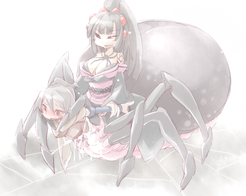 2girls arachne arthropod_girl bad_id bad_pixiv_id black_sclera blush bug colored_sclera cum female_focus frfr green_eyes insect_girl monster_girl multiple_girls original pussy pussy_juice scared silk spider spider_girl spider_web taur unbirthing vore