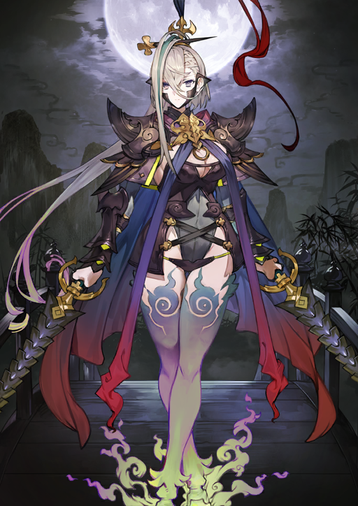 1girl arm_armor armor arms_at_sides black_armor blue_cape boobplate breastplate breasts cape chinese_clothes cleavage cleavage_cutout closed_mouth clothing_cutout clothing_request crossed_bangs crossed_legs detached_sleeves dual_wielding expressionless fate/grand_order fate_(series) feet_out_of_frame fire flaming_foot floating_hair full_moon game_cg gradient_hair gradient_thighhighs green_fire green_thighhighs grey_leotard grey_sleeves groin hair_between_eyes high_collar highleg highleg_leotard holding holding_weapon huyan_zhuo_(fate) huyan_zhuo_(third_ascension)_(fate) large_breasts leotard long_hair long_sleeves looking_at_viewer moon multicolored_hair official_art ponytail purple_eyes red_cape shoulder_armor sideboob solo standing strapless strapless_leotard streaked_hair thighhighs third-party_source toridamono variant_set very_long_hair weapon white_hair