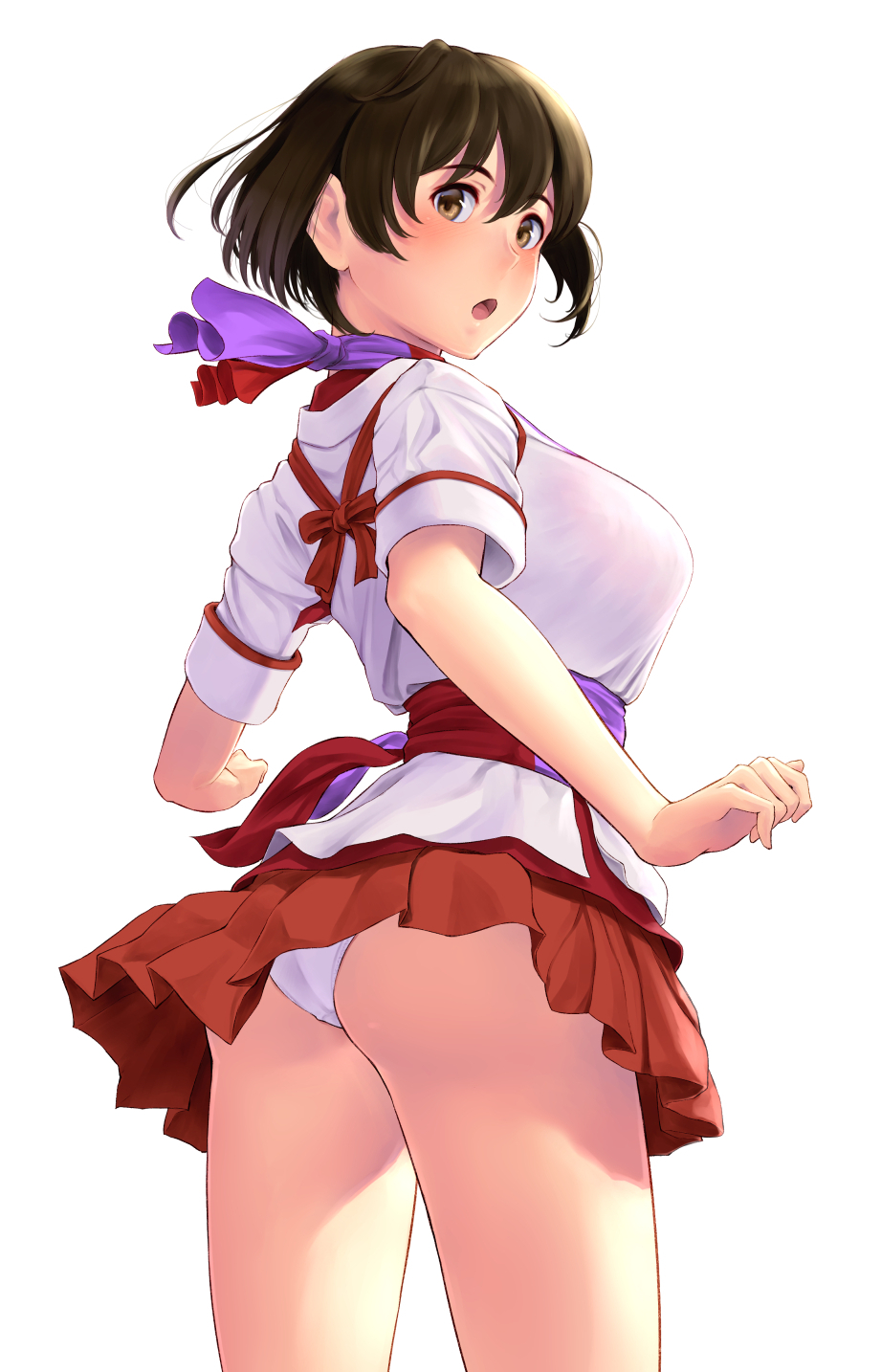 1girl ass brown_hair commentary_request cowboy_shot employee_uniform female_focus flight_attendant from_behind highres hiryuu_(kancolle) hiryuu_(peach)_(kancolle) kantai_collection looking_at_viewer panties pantyshot peach_(airline) pleated_skirt purple_scarf red_skirt scarf shirt short_hair simple_background skirt solo standing travel_attendant underwear wa_(genryusui) white_background white_panties white_shirt