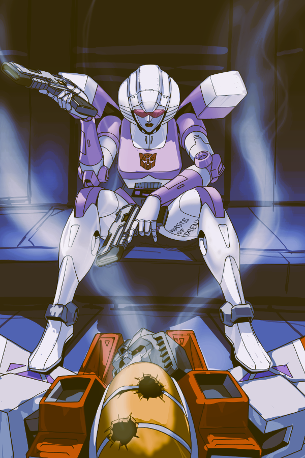 1boy 1girl arcee autobot body_writing decepticon dual_wielding english_text gun holding makoto_ono mecha no_humans robot robot_girl sitting starscream transformers transformers:_generation_1 trigger_discipline weapon