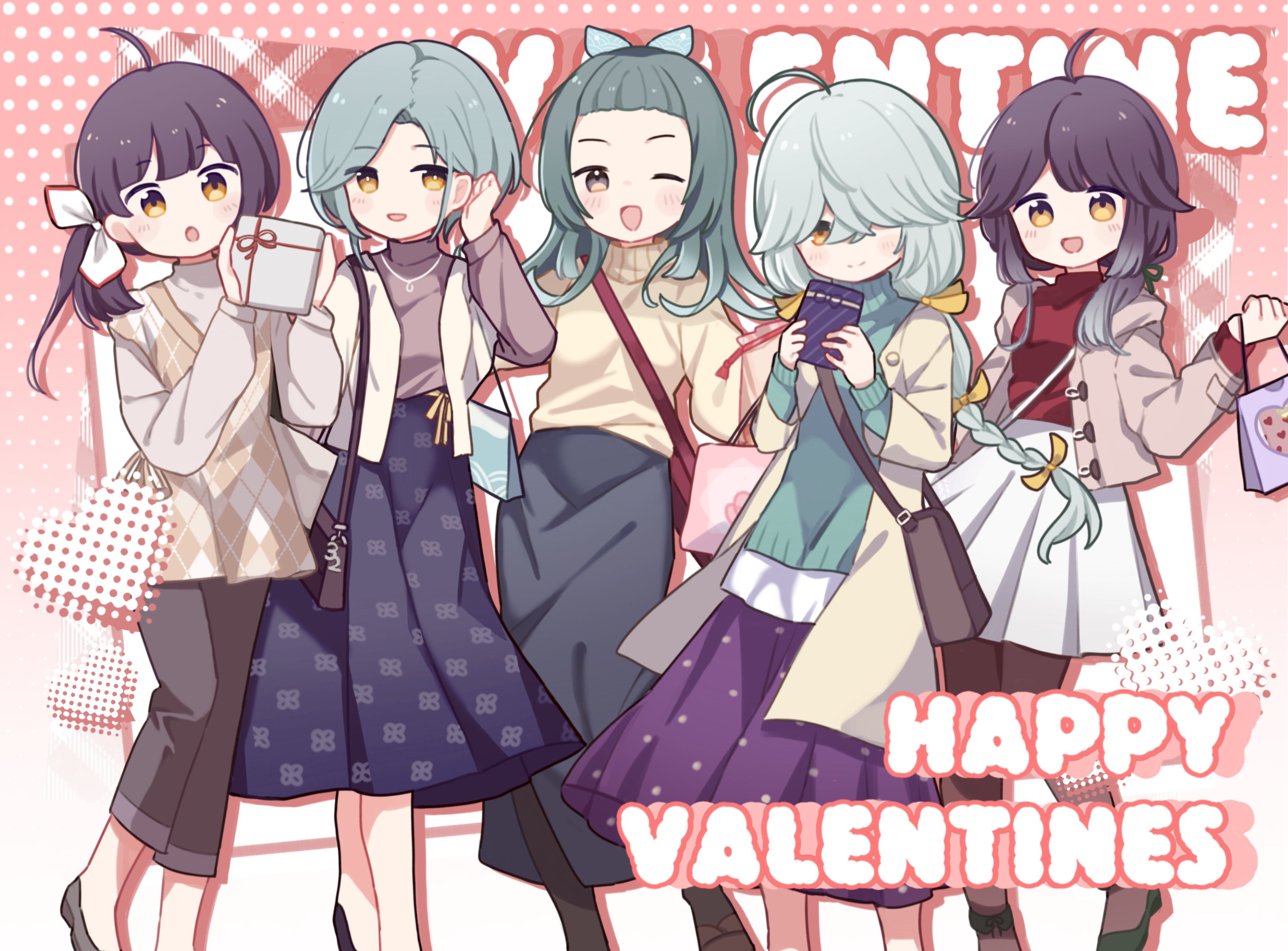 absurdres akaruku bag black_pantyhose black_shoes blue_hair blue_skirt blush box braid commentary english_commentary fujinami_(kancolle) fujinami_(valentine)_(kancolle) gift gift_box hair_between_eyes hair_over_one_eye hair_ribbon hamanami_(kancolle) hamanami_(valentine)_(kancolle) happy_valentine hayanami_(kancolle) hayanami_(valentine)_(kancolle) highres holding holding_box holding_gift jacket jewelry kantai_collection long_sleeves multicolored_hair multiple_girls necklace official_alternate_costume one_eye_closed open_clothes open_jacket open_mouth orange_eyes pants pantyhose purple_hair red_sweater ribbon shoes side_ponytail simple_background single_braid skirt suzunami_(kancolle) suzunami_(valentine)_(kancolle) sweater tamanami_(kancolle) turtleneck turtleneck_sweater valentine white_ribbon white_skirt