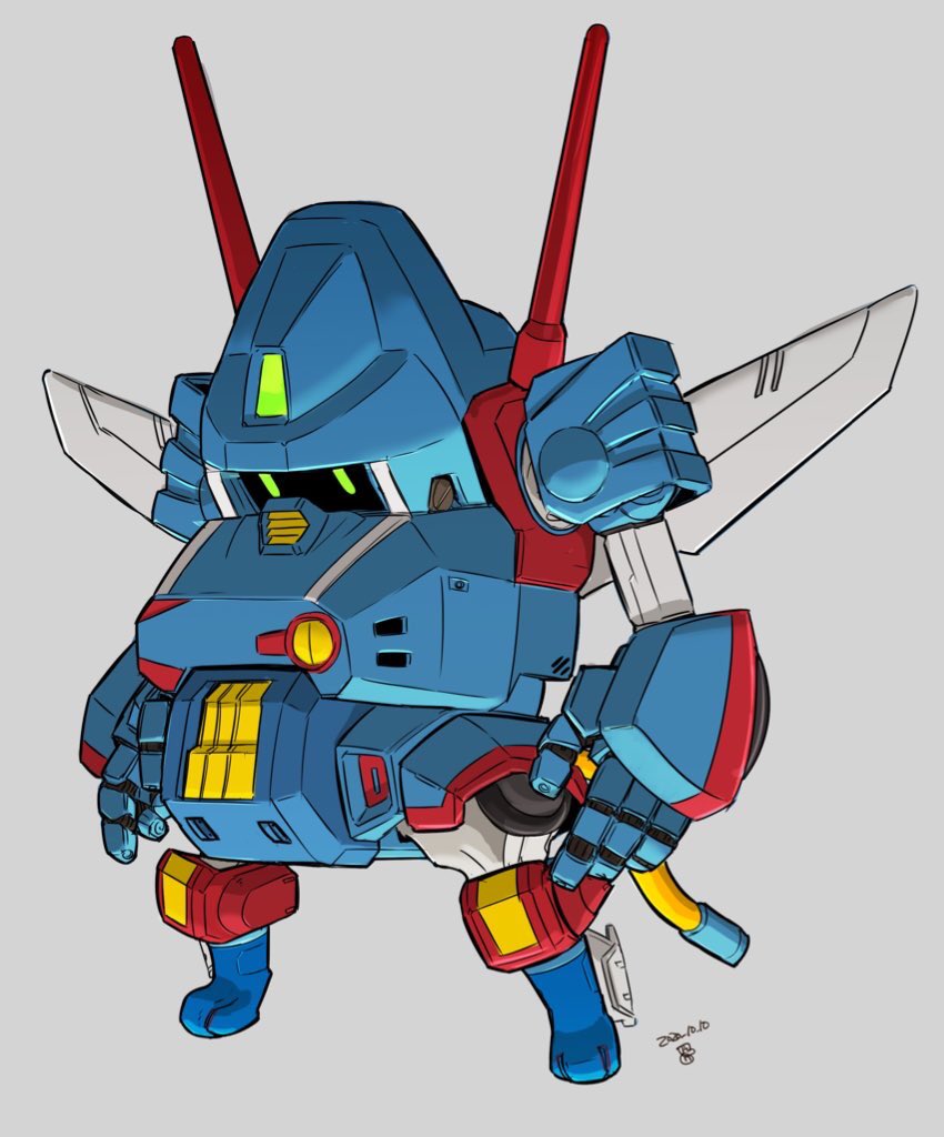 arms_at_sides dated fusion green_eyes grey_background jgsdf_type_07_tank_nacchin looking_down mecha mecha_focus mechanical_wings moi_moi7 no_humans open_hands original robot science_fiction sentou_mecha_xabungle solo wings xabungle_(mecha)