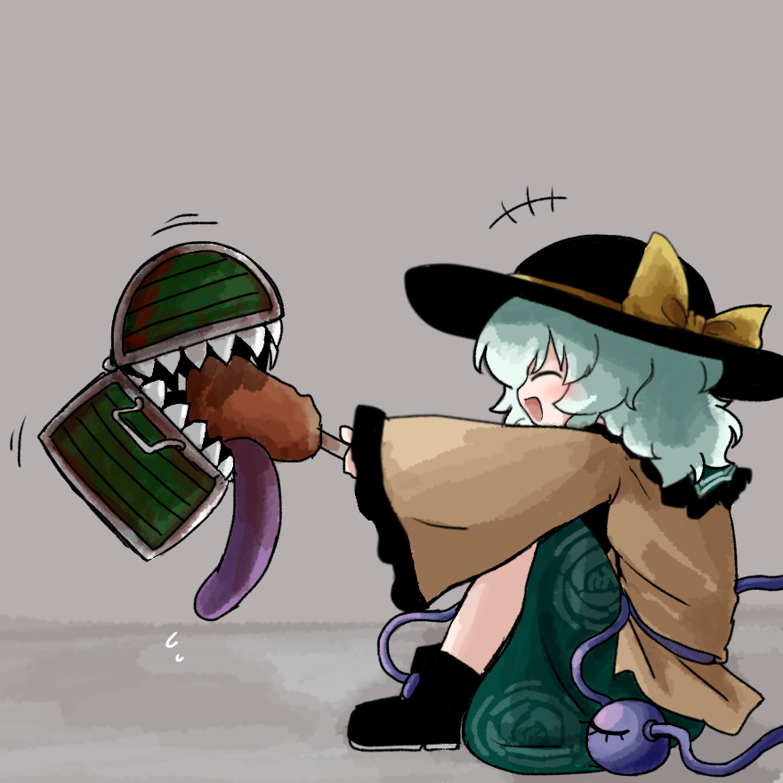 +++ 1girl ^_^ ankle_boots black_boots black_hat boned_meat boots closed_eyes commentary_request floral_print food full_body green_hair green_skirt grey_background hat hat_ribbon heripantomorrow holding holding_food knees_up komeiji_koishi long_sleeves meat medium_hair mimic open_mouth print_skirt ribbon rose_print shirt sitting skirt smile solo third_eye tongue touhou wide_sleeves yellow_ribbon yellow_shirt