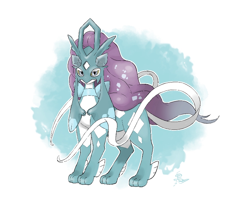 animal_focus artist_name blue_background blue_bow blue_eyes bow colored_sclera froslass full_body fusion gen_2_pokemon gen_4_pokemon half-closed_eyes legendary_pokemon long_hair looking_at_viewer nintendo no_humans outline own_hands_together pokemon pokemon_(creature) purple_hair ribbon s_(esumi_kihomaru) signature solo standing suicune very_long_hair white_outline white_ribbon yellow_sclera