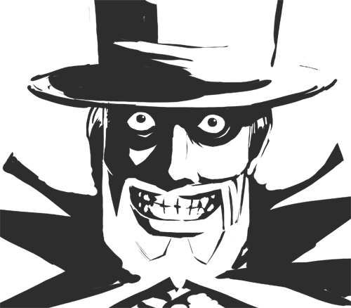 1990s_(style) 1boy beard cowboy_bebop evil_grin evil_smile facial_hair greyscale grin happy hat high_contrast kusaba kusaba_(kusabashiki) looking_at_viewer lowres mad_pierrot male_focus monochrome neck_ruff retro_artstyle smile solo teeth top_hat