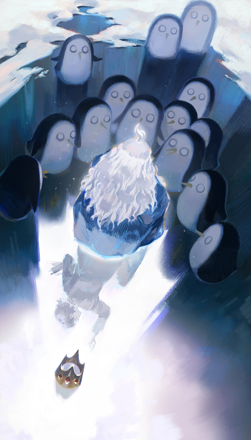 1boy adventure_time ahoge animification bird black_hair black_jacket black_pants black_sleeves blue_robe commentary crown different_reflection english_commentary formal_clothes from_behind gold_headwear highres ice ice_king jacket long_hair long_sleeves male_focus mcmeao outstretched_hand pants penguin reflection robe short_hair simon_petrikov sitting snow solo suit tarot the_fool_(tarot) too_many_penguins unworn_crown unworn_headwear white_hair
