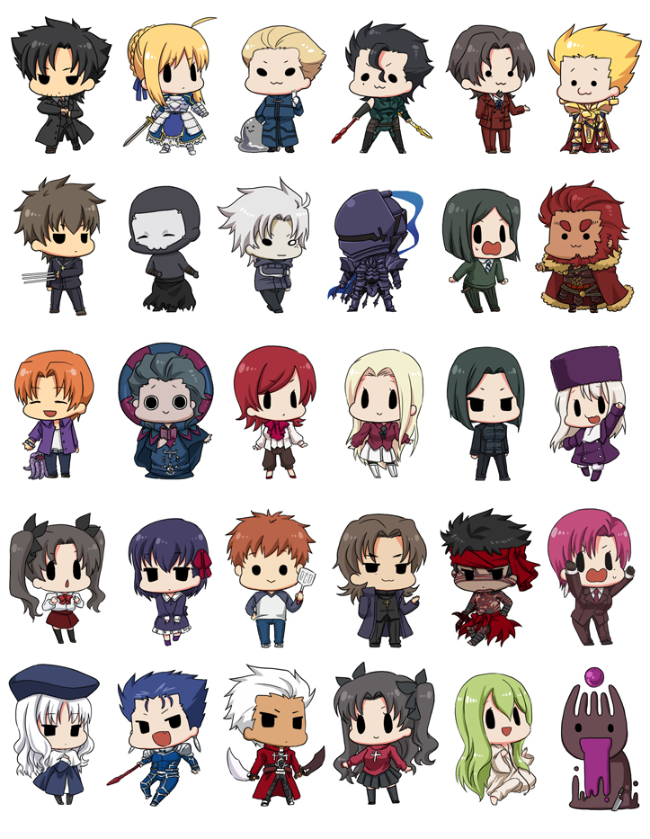 6+boys 6+girls :3 age_progression aged_down ahoge angra_mainyu_(fate) artoria_pendragon_(fate) assassin_(fate/zero) bad_id bad_pixiv_id bazett_fraga_mcremitz berserker_(fate/zero) black_eyes black_keys_(type-moon) caren_hortensia carnival_phantasm child cu_chulainn_(fate) cu_chulainn_(fate/stay_night) diarmuid_ua_duibhne_(fate) diarmuid_ua_duibhne_(lancer)_(fate) dual_persona emiya_kiritsugu emiya_shirou enkidu_(fate) everyone excalibur_(fate/stay_night) fang fate/hollow_ataraxia fate/stay_night fate/strange_fake fate/zero fate_(series) gae_buidhe_(fate) gae_dearg_(fate) gilgamesh_(fate) gilles_de_rais_(caster)_(fate) gilles_de_rais_(fate) grail-kun hachi_(gaoo) hisau_maiya illyasviel_von_einzbern irisviel_von_einzbern iskandar_(fate) kanshou_&amp;_bakuya_(fate) kayneth_archibald_el-melloi kotomine_kirei kotomine_kirei_(fate/zero) matou_kariya matou_sakura matou_sakura_(fate/zero) md5_mismatch mercury_(element) monster multiple_boys multiple_girls pantyhose polearm resolution_mismatch saber_(fate) sola-ui_nuada-re_sophia-ri source_larger spatula spear sword tentacles thighhighs tohsaka_rin tohsaka_rin_(fate/zero) tohsaka_tokiomi uryuu_ryuunosuke volumen_hydragyrum_(fate) waver_velvet weapon white_background