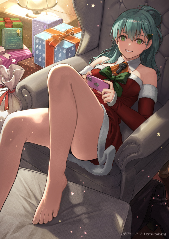 1girl aqua_hair armchair ascot bare_legs breasts cellphone chair christmas_tree_hair_ornament detached_sleeves dress fur-trimmed_dress fur-trimmed_sleeves fur_trim gift green_eyes hair_ornament holding holding_phone indoors kantai_collection long_hair medium_breasts official_alternate_costume orange_ascot phone red_dress red_sleeves santa_costume santa_dress sitting smartphone solo strapless strapless_dress suzuya_(christmas)_(kancolle) suzuya_(kancolle) tantaka very_long_hair