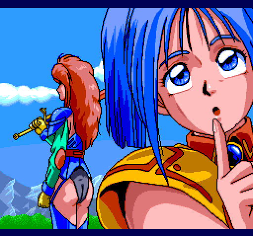 2girls anita_(basted) armor basted blue_hair game gems multiple_girls pc_engine pixel_art raiza_(basted) red_hair