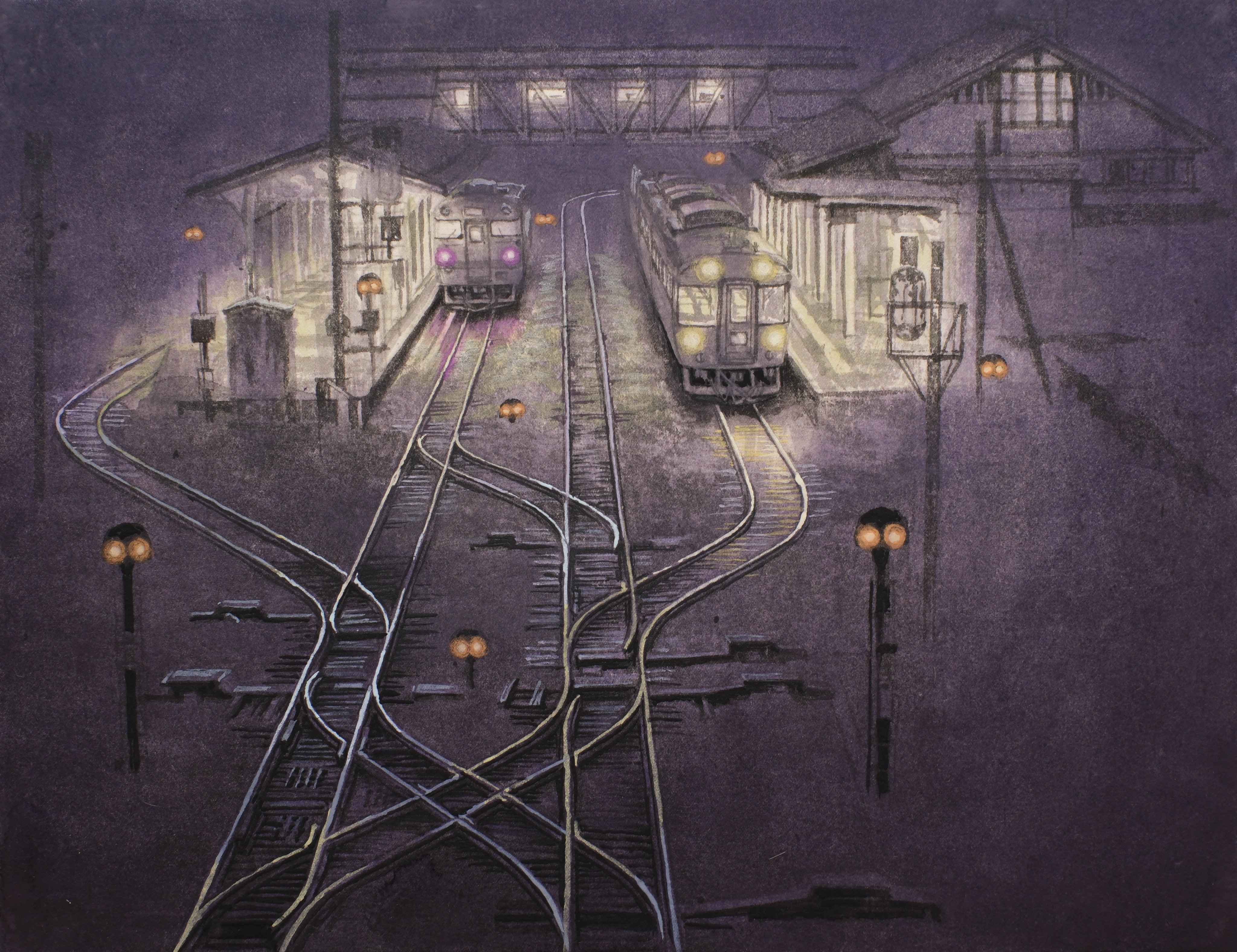 absurdres building dark headlight_beam highres night no_humans original painting_(medium) railroad_signal railroad_tracks scenery shadow tanamachi_yoshihiro traditional_media train train_station train_station_platform window