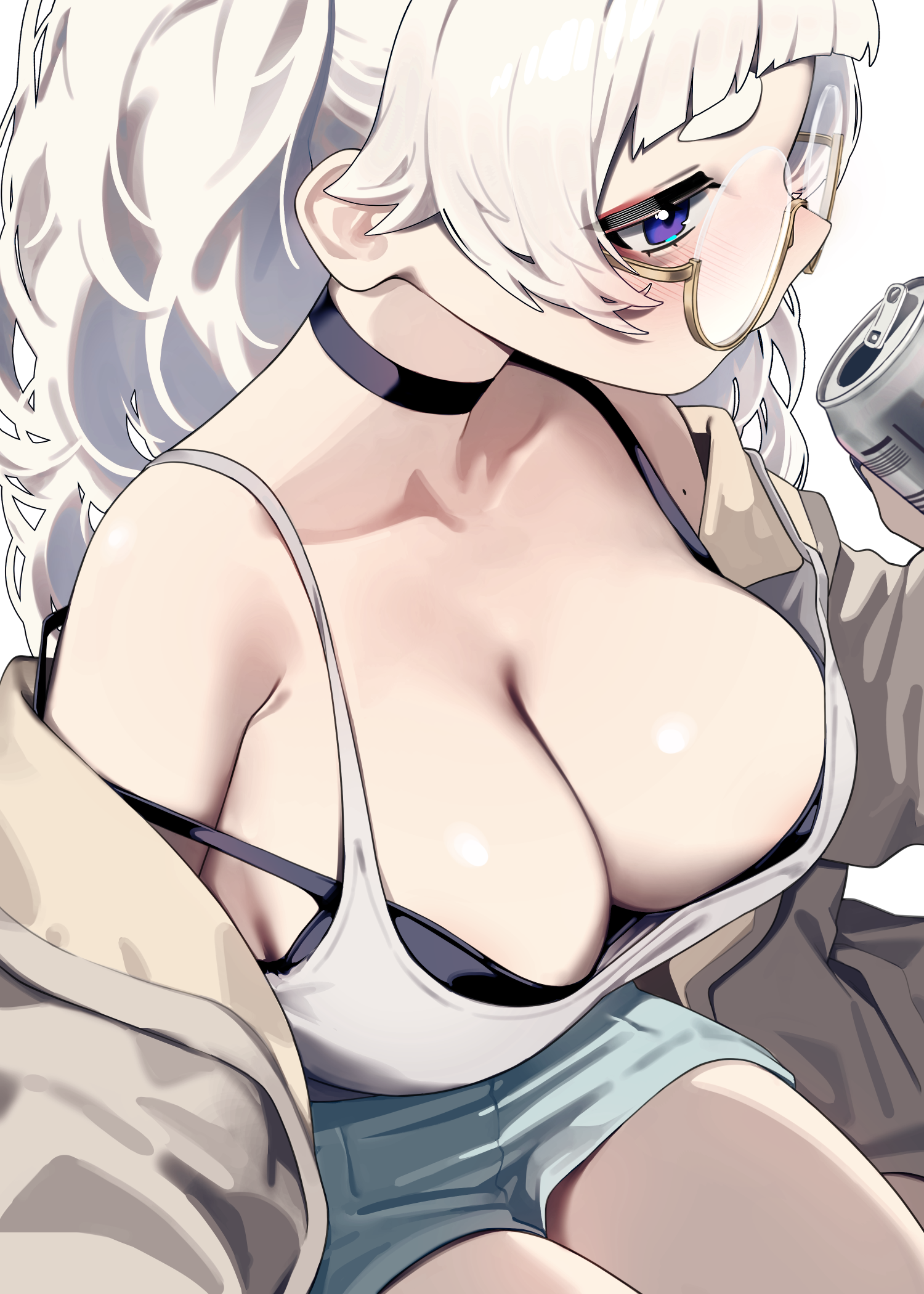 1girl black_bra black_choker blue_eyes blue_shorts bra breasts brown_jacket can choker cleavage drink_can glasses highres jacket large_breasts meg_(wakamepiza) mole original short_shorts shorts sitting solo strap_slip tank_top underwear wakamepiza white_tank_top