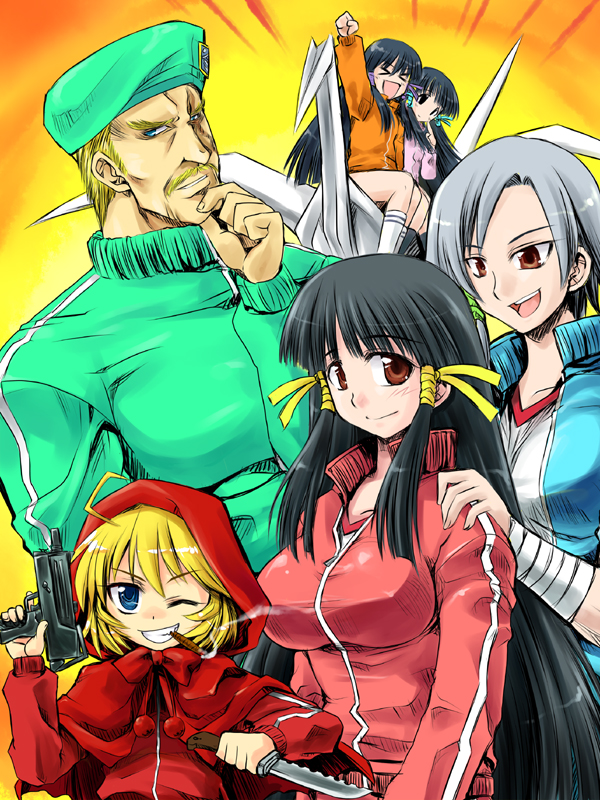 &gt;_&lt; 1boy 5girls aq_interactive arcana_heart atlus black_hair blonde_hair blue_eyes breasts b.b._hood capcom character_request child cigar examu closed_eyes facial_hair general_(kaiser_knuckle) grin gun hat hood hood_up imai_nyuu inusurvivor kaiser_knuckle kasuga_koito kasuga_kouta kasuga_maori kasuga_tsuzune knife long_hair m.u.g.e.n medium_breasts multiple_girls mustache one_eye_closed origami paper_crane sidelocks silver_hair sitting smile smoking tagme track_suit upper_body darkstalkers weapon wink