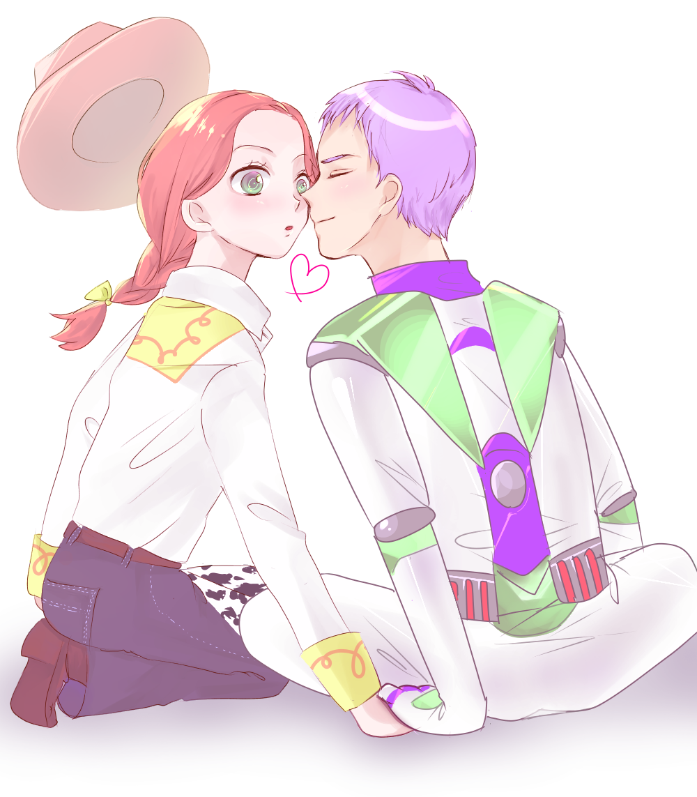 1boy 1girl braid buzz_lightyear cowboy_hat cowgirl_(western) green_eyes hat jessie_the_yodeling_cowgirl kamai_kanata long_hair personification red_hair simple_background single_braid spacesuit toy_story white_background