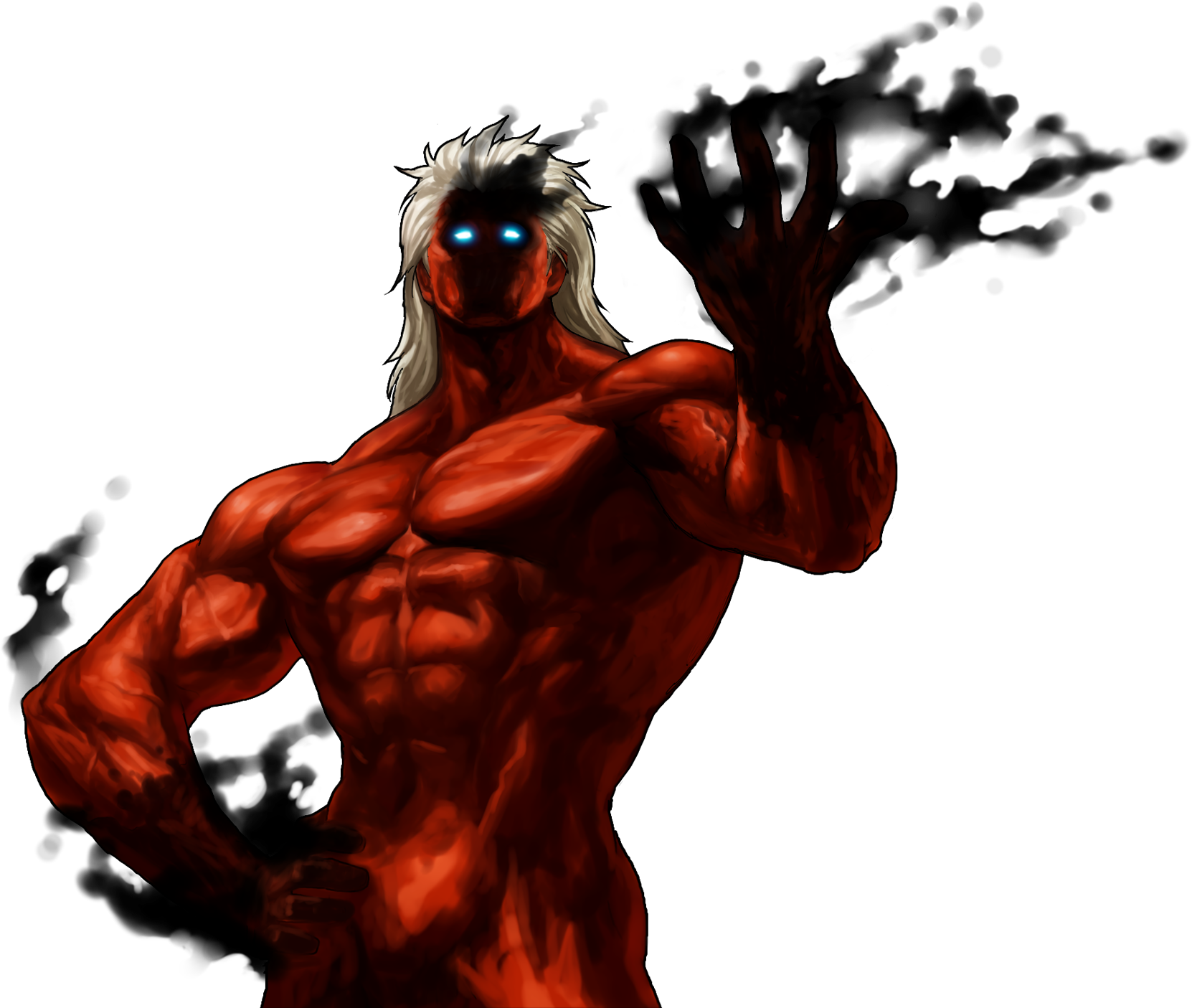 1boy black_fire blue_eyes colored_skin dark_persona fire glowing glowing_eyes hand_on_own_hip highres king_of_fighters_xiii long_hair male_focus muscular nude official_art ogura_eisuke pectorals pyrokinesis red_skin saiki_(kof) snk solo the_king_of_fighters the_king_of_fighters_xiii transparent_background white_hair