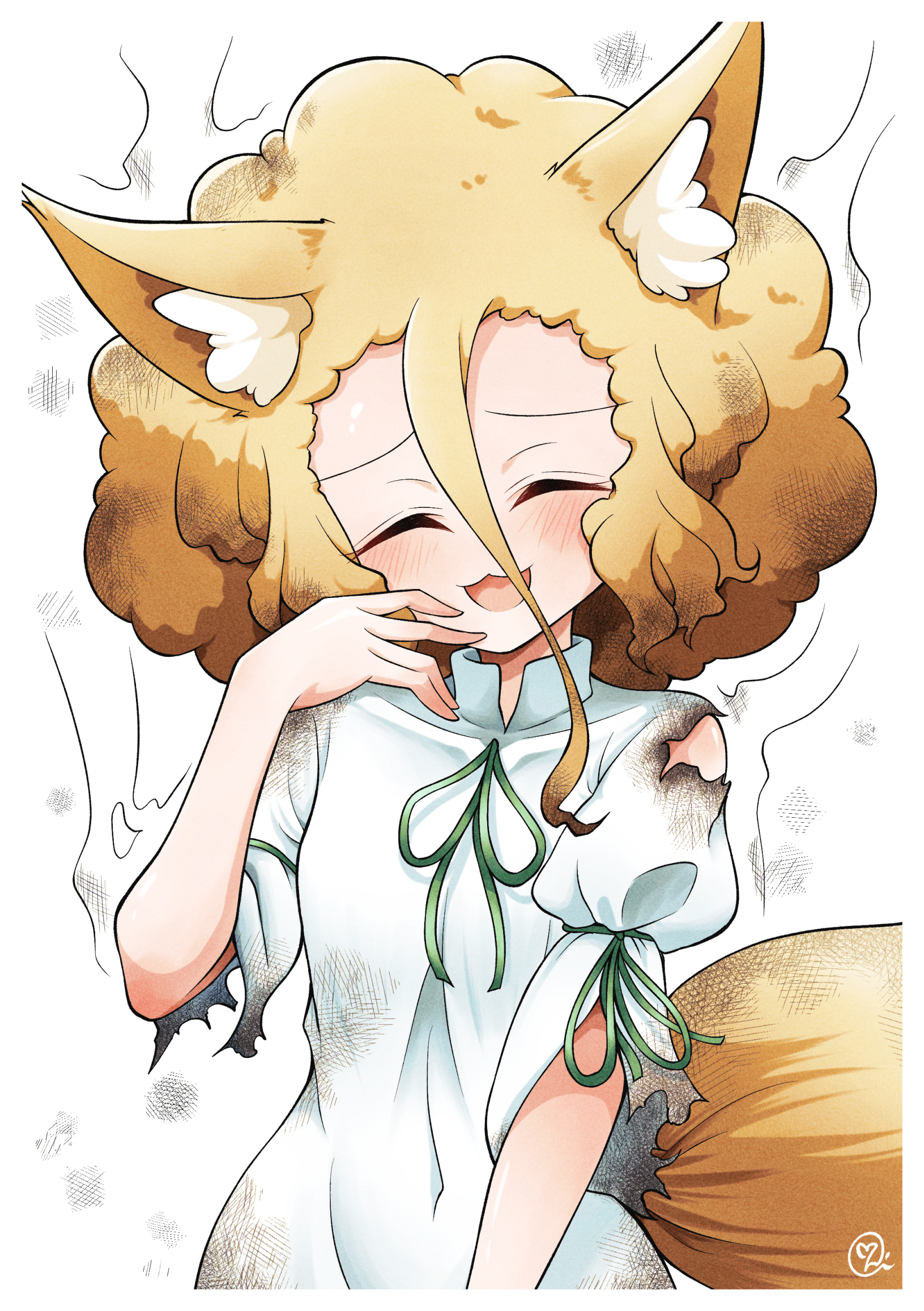 1girl afro after_explosion alternate_hairstyle animal_ear_fluff animal_ears blonde_hair blush breasts burnt_clothes closed_eyes fox_ears fox_girl fox_tail green_ribbon hair_between_eyes highres kudamaki_tsukasa looking_back open_mouth ribbon romper scavia10 short_hair small_breasts smoke solo tail touhou white_romper