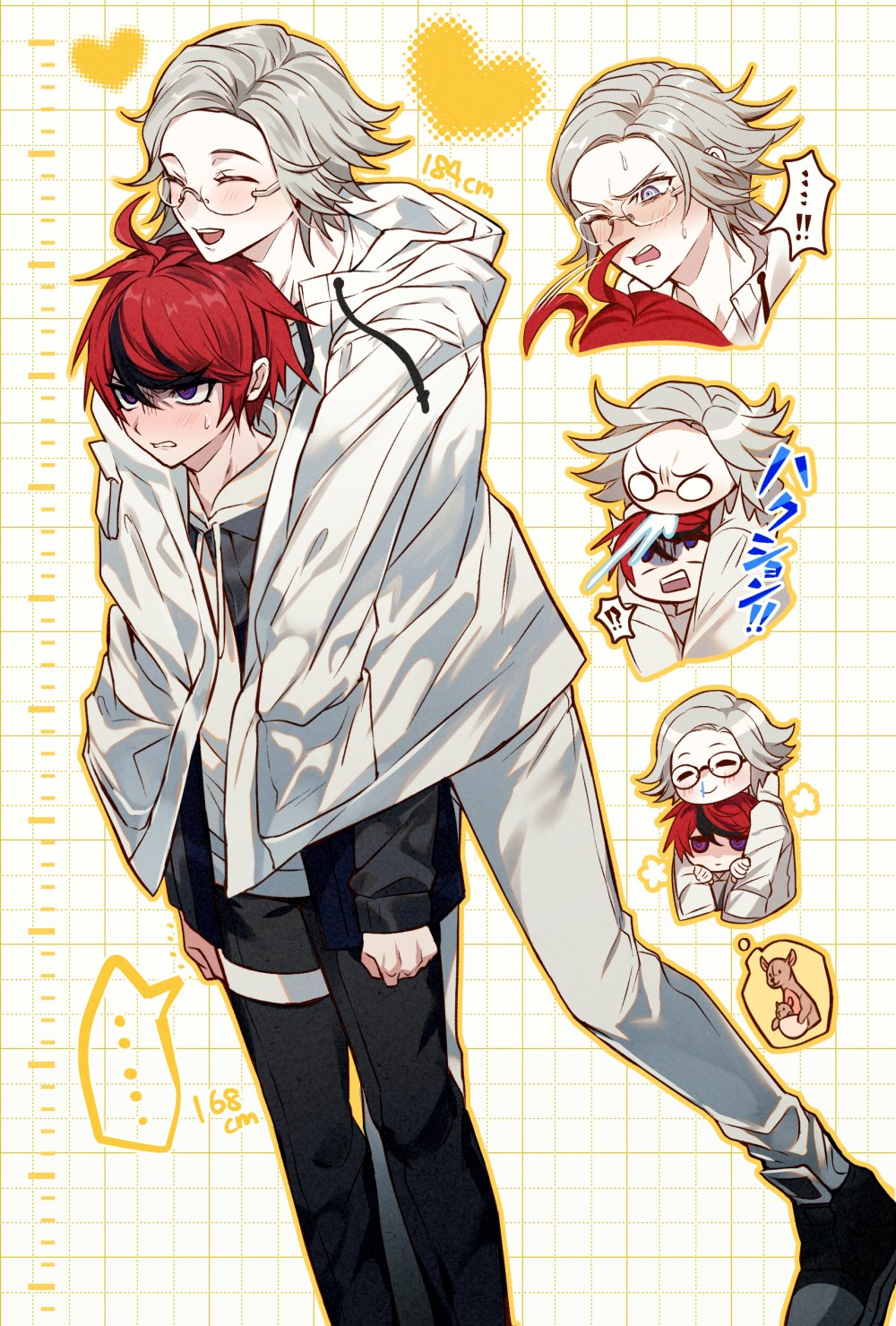 !? ... ...! 2boys aotsuki_eito black_hair black_pants blush chibi clenched_hands closed_eyes coat commentary_request flower_symbol glasses grey_hair grid_background heart highres hood hood_down hooded_coat hug hug_from_behind long_sleeves male_focus multicolored_hair multiple_boys multiple_views one_eye_closed opaque_glasses open_mouth pale_skin pants red_hair runny_nose shared_clothes simple_background sneezing snot spoken_ellipsis streaked_hair sumino_takumi sweat the_hundred_line_-last_defense_academy- wa_ga_ne white_coat yaoi