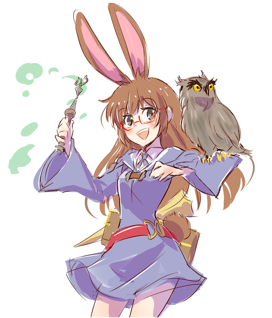 10s 1girl :d animal_ears animal_on_arm bare_legs belt bird bird_on_arm blue_dress blush brown_hair cosplay dress female_focus glasses han_megumi happy holding holding_wand iesupa kagari_atsuko kagari_atsuko_(cosplay) legs little_witch_academia long_hair long_sleeves looking_at_viewer magic open_mouth owl rabbit_ears rabbit_tail red-framed_eyewear round_teeth rwby school_uniform smile standing tail teeth velvet_scarlatina voice_actor_connection wand wide_sleeves witch