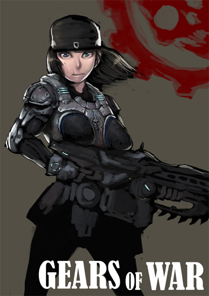 1girl armor bad_id bad_pixiv_id bandana crimson_omen female_focus gears gears_of_war gender_request genderswap gun hat lancer_(gears_of_war) marcus_fenix rifle scar scar_on_face scar_on_mouth skull solo tianzhong_zhongtian weapon