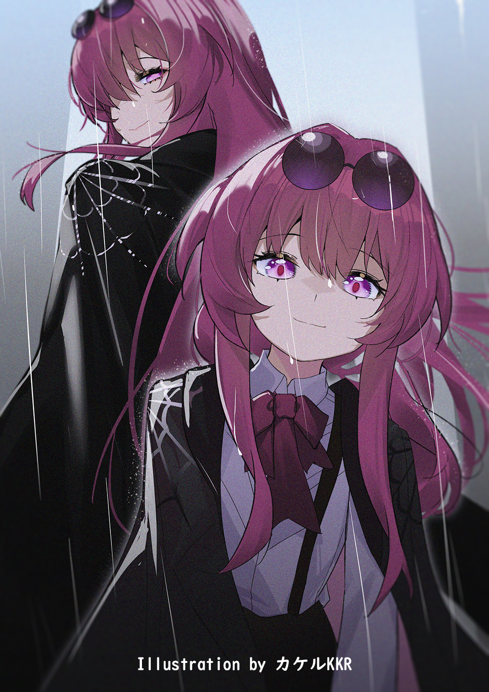 1girl age_comparison aged_down alternate_costume black_jacket black_suspenders bow bowtie closed_mouth collared_shirt commentary_request eyewear_on_head glasses highres honkai:_star_rail honkai_(series) jacket kafka_(honkai:_star_rail) long_hair looking_at_viewer outdoors pince-nez purple_bow purple_bowtie purple_eyes purple_hair rain round_eyewear shirt smile spider_web_print srpzk sunglasses white_shirt