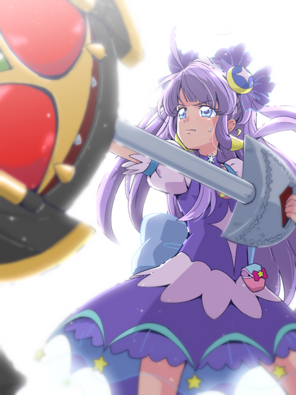 1girl ahoge blue_eyes bow_(weapon) choker commentary_request company_connection crossover cure_selene dress female_focus final_form_ride hair_ornament holding kaguya_madoka kamen_rider kamen_rider_dcd kamen_rider_kiva long_hair magical_girl precure purple_dress purple_hair solo star_twinkle_precure sweat tj-type1 toei_animation weapon