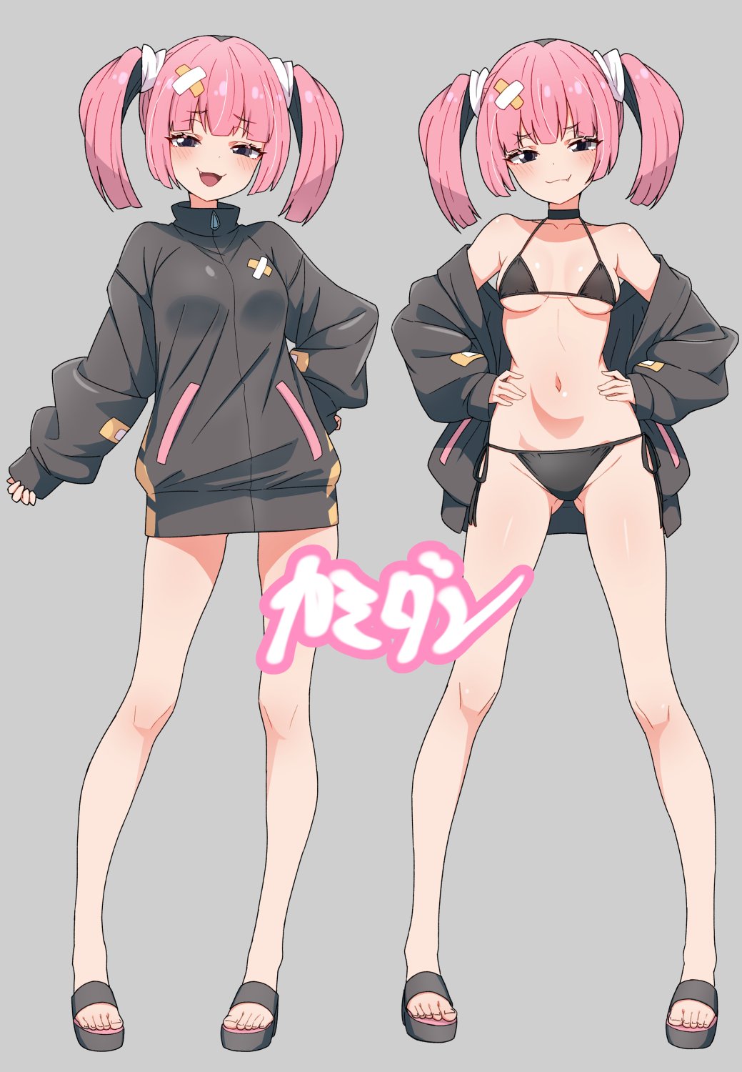 1girl :3 bandaid bandaid_hair_ornament bare_shoulders bikini black_bikini black_choker black_eyes black_hair black_jacket blush breasts choker closed_mouth commentary_request coral_(pokemon) crossed_bandaids fang fang_out feet full_body gluteal_fold grey_background hair_ornament hands_on_own_hips highres jacket kamidan long_sleeves looking_at_viewer medium_breasts multicolored_hair multiple_views navel nintendo off_shoulder open_clothes open_jacket open_mouth pink_hair pokemon pokemon_(anime) pokemon_horizons sandals shiny_skin side-tie_bikini_bottom simple_background sleeves_past_wrists smile smug standing stomach streaked_hair string_bikini swimsuit thong thong_bikini toes track_jacket translation_request twintails two-tone_hair underboob