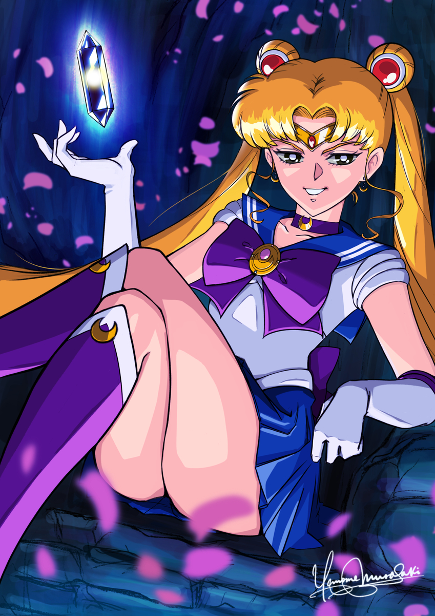1girl ass back_bow bishoujo_senshi_sailor_moon bishoujo_senshi_sailor_moon_(first_season) black_eyes blonde_hair blue_sailor_collar blue_skirt boots bow choker collarbone cosplay crescent crescent_earrings crossdressing crossdressing_(mtf) crossed_legs crystal dark_persona dj_jdite double_bun dutch_angle earrings elbow_gloves evil_smile gloves gold_earrings grin hair_bun hair_ornament half-closed_eyes high_heel_boots high_heels highres indoors jewelry long_hair looking_at_viewer magical_girl miniskirt naughty_face neck necklace official_cosplay parted_bangs petals pleated_skirt purple_boots purple_bow purple_choker sailor_collar sailor_moon_(cosplay) shirt short_sleeves sitting skirt smile solo thick_thighs thighs tiara twintails v-shaped_eyebrows very_long_hair white_gloves white_shirt zoisite_(sailor_moon)