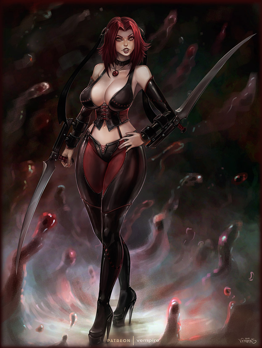 1girl blade bloodrayne bloodrayne_(videogame) boots breasts choker cleavage corset curvy detached_sleeves dhampir half-human hand_on_own_hip high_heels jewelry large_breasts looking_at_viewer monster_girl navel necklace pants rayne red_hair sharp_teeth standing teeth thick_lips thick_thighs thighs tight_clothes tight_pants undead vampire vempire wide_hips yellow_eyes