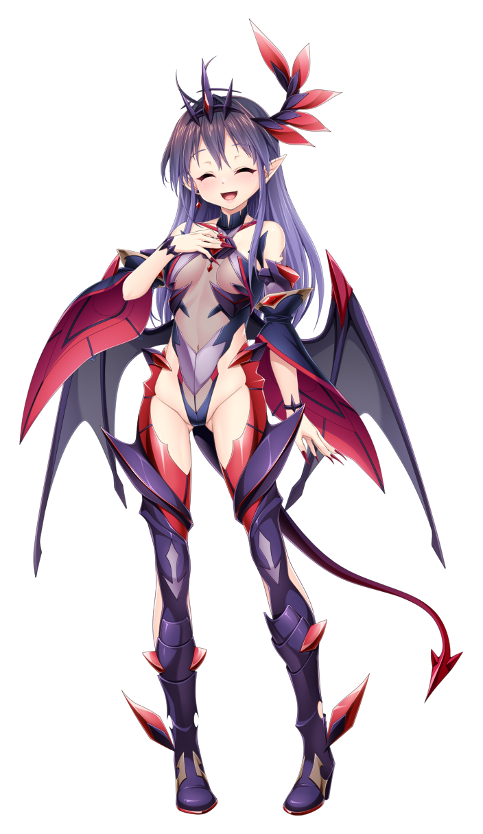 1girl :d ^_^ aikawa_haruno arm_at_side bare_shoulders blush boots breasts closed_eyes corruption covered_navel dark_exs-tia_inferno dark_persona demon_girl demon_horns demon_tail demon_wings detached_sleeves earrings facing_viewer fang feathers full_body game_cg gluteal_fold hair_ornament hand_on_own_chest high_heels highleg highleg_leotard highres horns jewelry kamitsurugi_ouka kouyoku_senki_exs-tia_concert large_variant_set leotard long_hair low_wings nail_polish navel non-web_source official_art open_mouth pointy_ears purple_hair see-through_clothes single_horn small_breasts smile solo standing tail thigh_boots thighhighs transparent_background variant_set wings