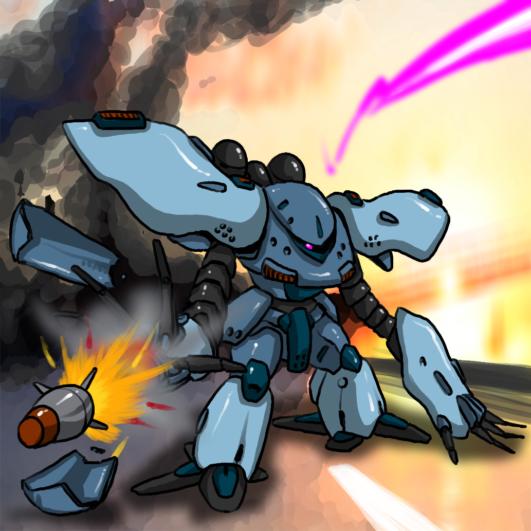 1980s_(style) gundam gundam_0080 hirodango hygogg mecha missile oldschool retro_artstyle robot smoke